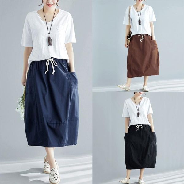 

чистый цвет юбки женщин вскользь сыпучие прямая юбка дамы хлопок эластичный пояс тонкий country style summer юбка # g3, Black