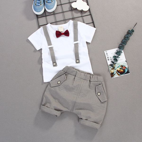 

summer kids boys bow clothes sets baby gentleman high qulity short t shirt + pants toddler boy clothing casual kids outfits 40, White