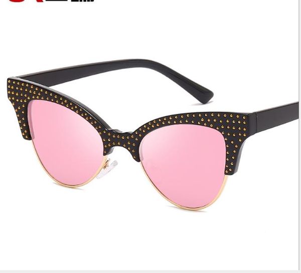

new women's fashion cat's eye sunglasses metal drilled half frame sunglasses full drilled sunglasses shades, White;black