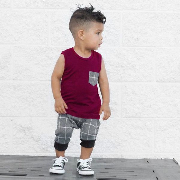 

popular children's clothes set infant toddler baby boys clothes plaid t shirt vest shorts outfits roupa infantil 3m-5t, White