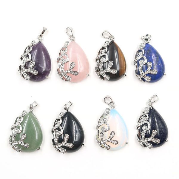

wholesale 10 pcs silver plated leaf with rhinestone wrap water drop rose quartz pendant blue sand stone jewelry