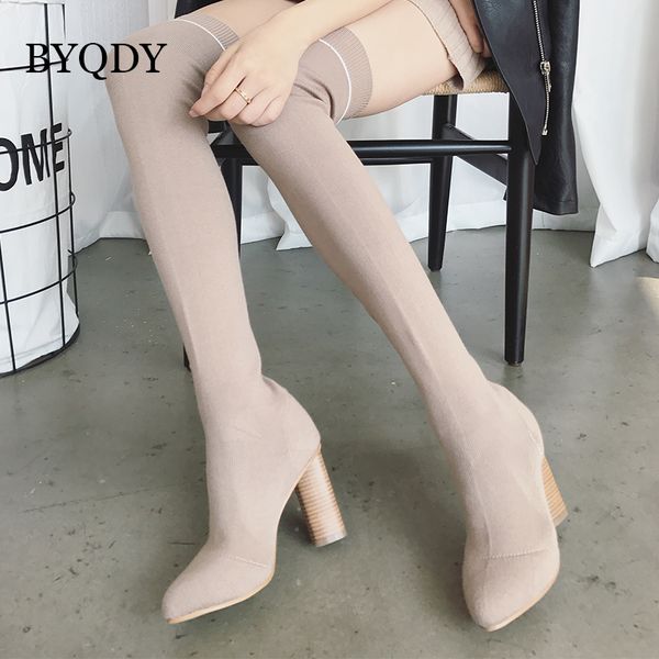 

byqdy new arrivals 2018 women over the knee boots spring autumn high heels ladies shoes party stretch fabric high boots women, Black