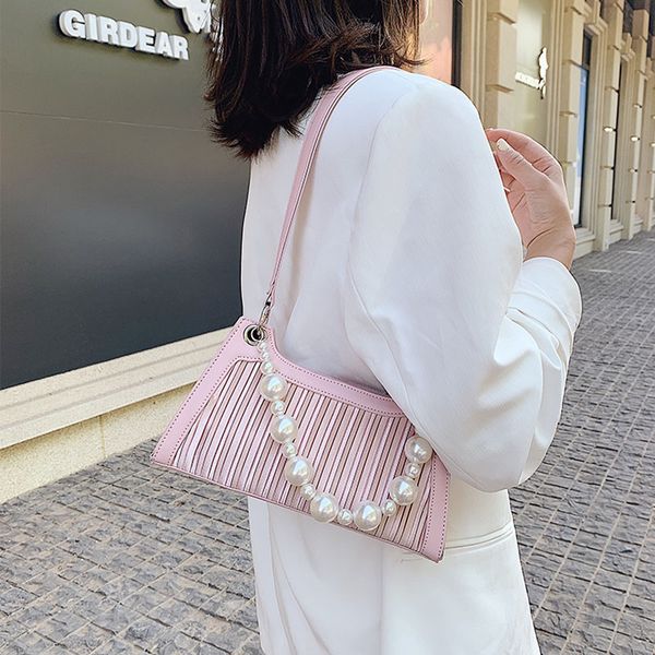 

кожа pu pearl chain плиссе crossbody сумка для женщин 2020 простых плечи сумка женщина путешествие крест тело сумки