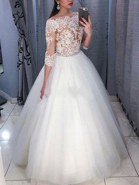 

inexpensive graceful a line lace bridal wedding dresses off shoulder 3/4 long sleeve illusion bodice beaded bridal gowns, White