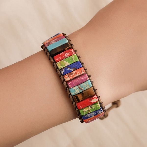 

chakra bracelet jewelry handmade multi color natural stone tube beads leather wrap bracelet couples bracelets creative gifts, Golden;silver