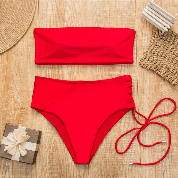 

bandeau swimsuit 2019 new red swimwear women high waist biquinis white bathing suit strappy swimsuit push up beachwear