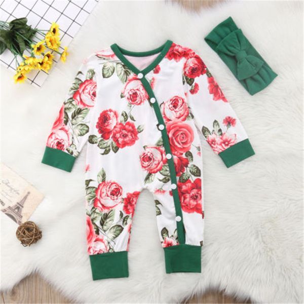 

2020 baby boy girl rompers long sleeve single breasted round neck floral pattern jumpsuit with headband, Blue