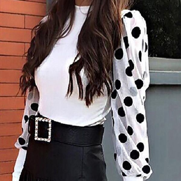 

women sheer sleeve shirt mesh see-through blouse high neck polka dot autumn winter puff long sleeve lace shirts, White