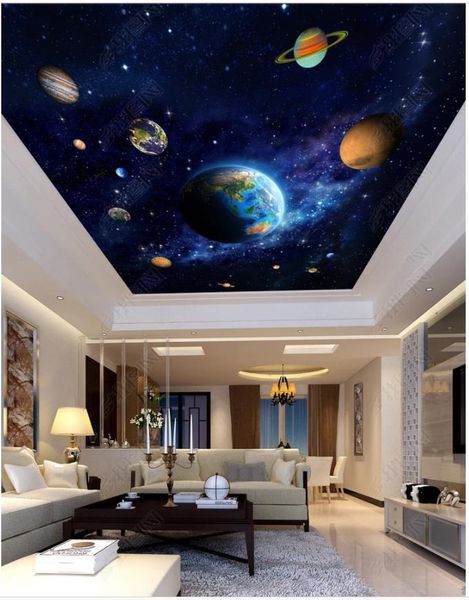 

customized large 3d p wallpaper 3d ceiling murals wallpaper blue space planet hall bedroom ceiling zenith mural papel de parede