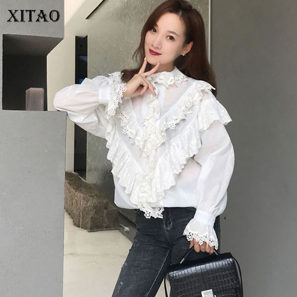 

xitao] korea fashion female full sleeve blouse spring solid color stand collar lace wooden ear single breasted shirt wbb2314, White
