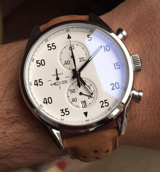 

new arrivalcalibre spacex chrono flyback satch white dial brown leather belt mens watches sports gent watch vk chronograph, Slivery;brown