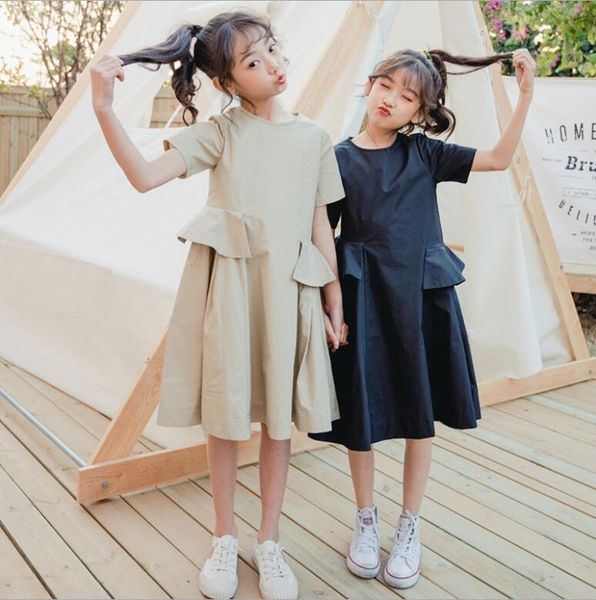 

summer girls short-sleeve dresses teenage girl solid color ruffles cotton causal dress kids dress for girl 6 8 10 12 14year t200424, Red;yellow