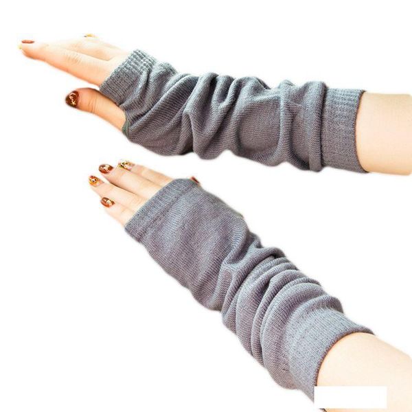 

women girls winter ribbed knitted fingerless gloves ruched solid color elbow length mittens long thermal protective half finger, Blue;gray