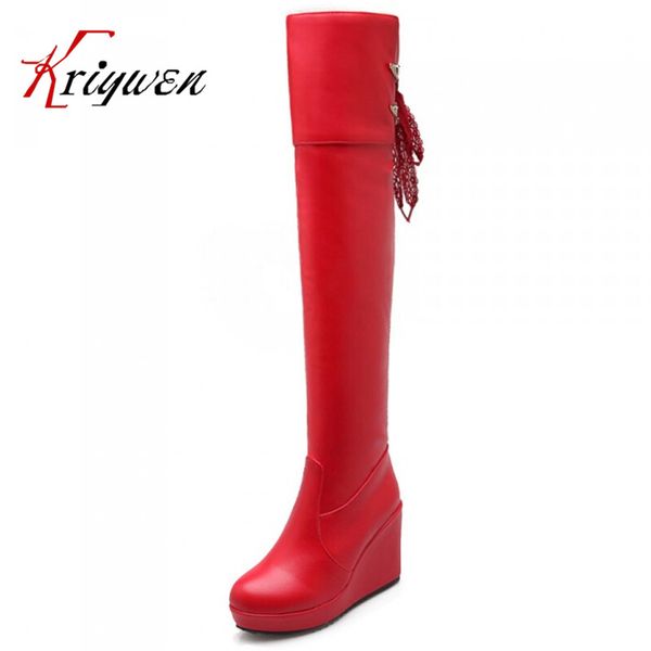 

2015 new fashion red women's over-the-knee boots knight round toe wedges metal knot thigh women long boots platform, Black
