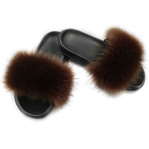 

new fashion summer women faux fox fur slides fluffy plush slippers woman flat non slip sandals female casual flip flops footwear, Black