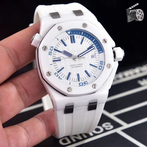 

luxury watch 44mm dial rubber strap watchoctagonal white royal mens full ceramic watches 3120 automatic movement watch, Slivery;brown