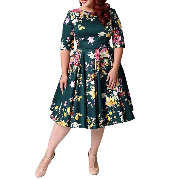 

womens clothing womens designer dress large size 6xl 8xl vintage zipper floral print tunic big swing dress dresses for women 4xl, Black;gray