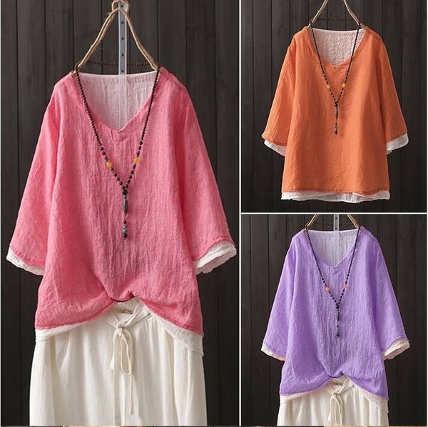 

2019 fake double layer color matching ultra-thin literary style loose t-shirt and t-shirt cotton linen with seven sleeves chinese style, White