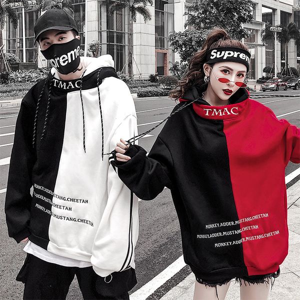

men's hoodies tide brand hooded sweater tide men autumn winter plus velvet country couple harajuku style stitching ins pullover hoodie, Black