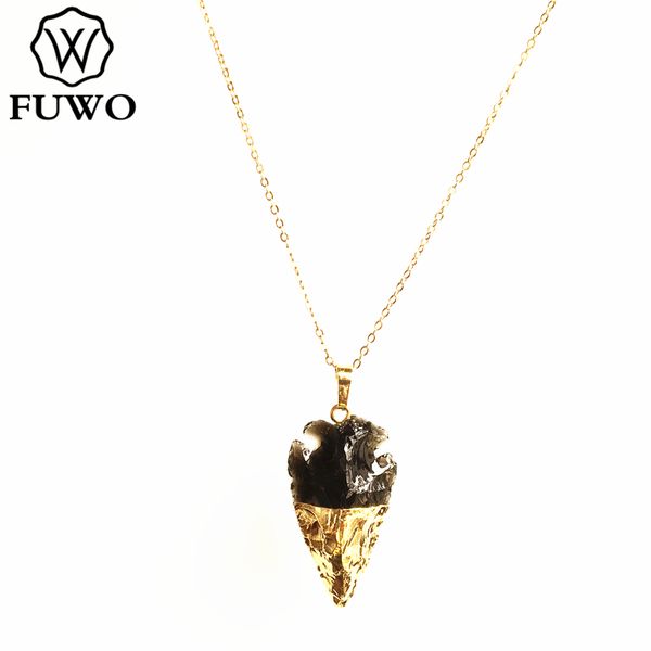 

fuwo natural obsidian necklace with gold trimmed brass chain black quartz arrowhead jewelry wholesale nc252, Silver