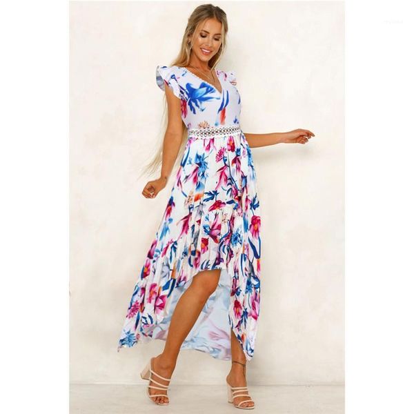 

dresses spring summer sleeveless womens casual dresses asymmetrical female apparel v neck lace panelled flora printed, Black;gray