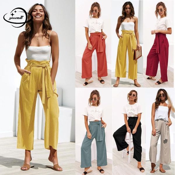 

womens full length wide leg pants spring summer female trousers clothing zipper belt loose solid color ladies clothes h28, Black;white