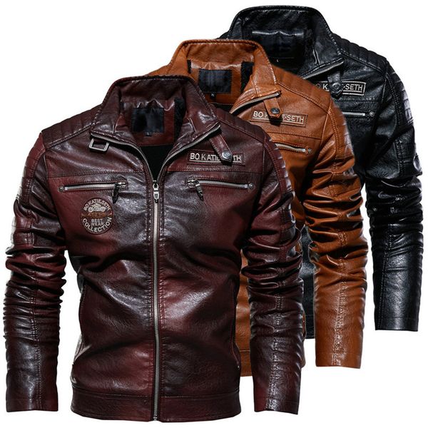 

men's fur & faux 2021 winter pu leather jacket coat men thick fleece warm solid casual jackets lr316, Black