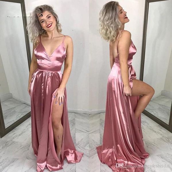 

new simple spaghetti straps prom dresses a-line low back v-neck long party gowns for girls side slit dress custom vestidos de soiree, Black