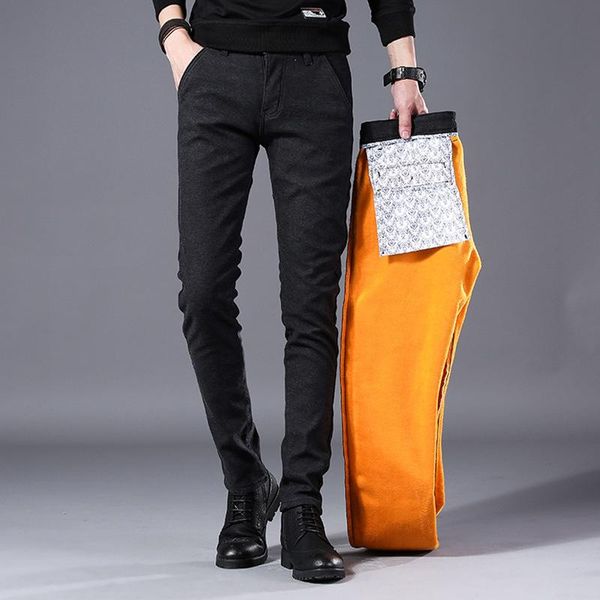 

fashion men's casual pants winter straight men skinny thick trousers solid fleece warm pants slim pencil pantalon homme, Black
