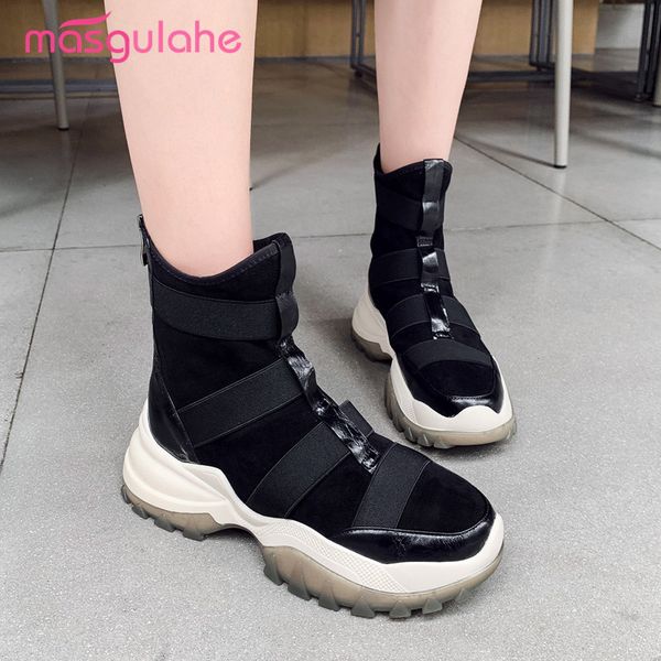 

masgulahe 2020 winter autumn female ankle boots genuine leather boots round toe platform shoes black wholesale women