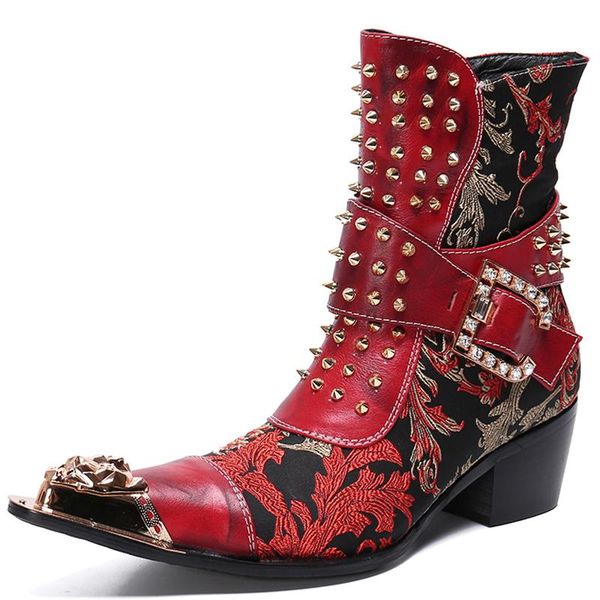 

men's fashion martin half boots cowboy knight western motorcycle nappa leather personality british booties mid-calf rivet metallic toe, Black