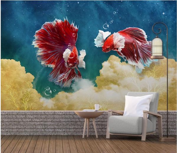 Carta da parati fotografica personalizzata per pareti Sfondi murali 3D Carta da parati moderna e minimalista dipinta a mano guppy fish cloud stereo tv divano sfondo
