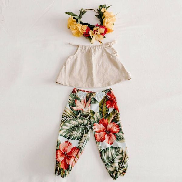 

toddler infant baby girls sleeveless floral long pants outfit set clothes, White