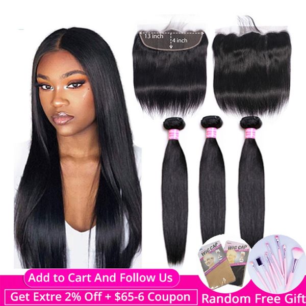 

3 пачки с фронтальным прямых волос бразильские волосы bundels с кружевом фронтальная уха до уха кружева лобовое с связки, Black;brown