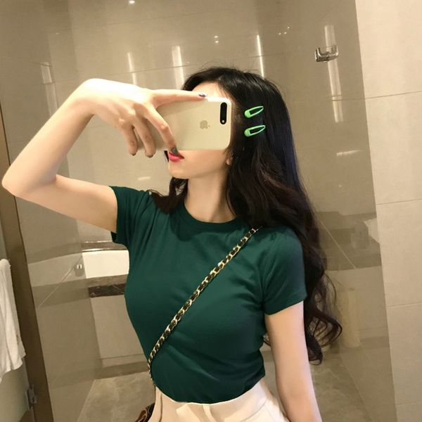 

short-sleeved t- t-shirt dress female 2020 slim round neck student solid color shirt ins women's dress, White
