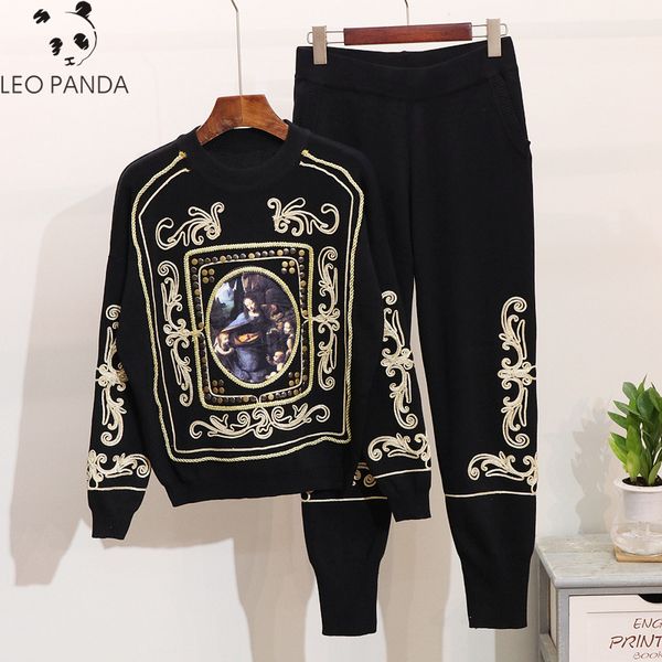 

2020 oil painting embroidery 2 piece set women sweater knitted tracksuits woman casual knitted trouser clothing set, White