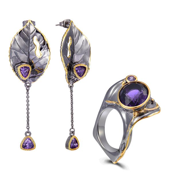 

cool earrings ring sets purple stones jewelry cocktail party accessories rings women's jewellery 2pcs set, Silver