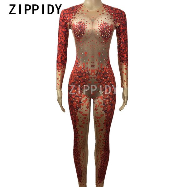 

fashion red heart shape pattern jumpsuit rhinestones one piece big stretch costume women's party outfit stage singer show wear, Black;red