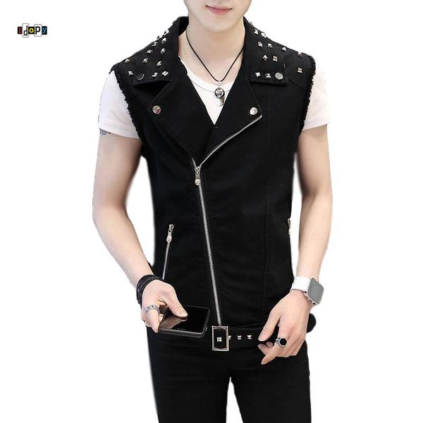 

idopy men`s denim vest stretchy rivet studded hip hop street style slim fit sleeveless jeans jacket waistcoat, Black;white