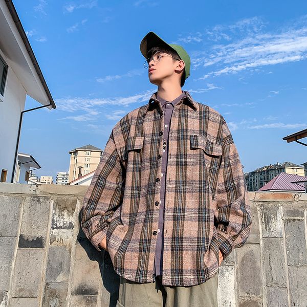 

autumn new woolen jacket men fashion retro casual woolen coat men streetwear wild loose shirt male clothes m-2xl, Black;brown