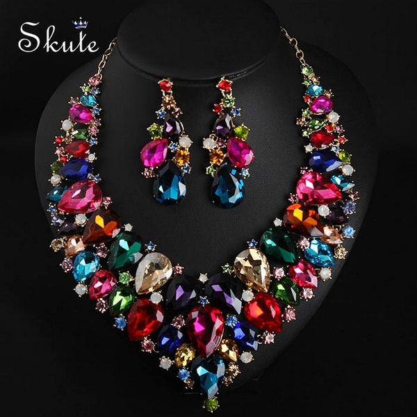 

skute luxury exaggerated mystic colorful rainbow crystal floral necklace earrings set for women banquet party dress jewelry set, Silver