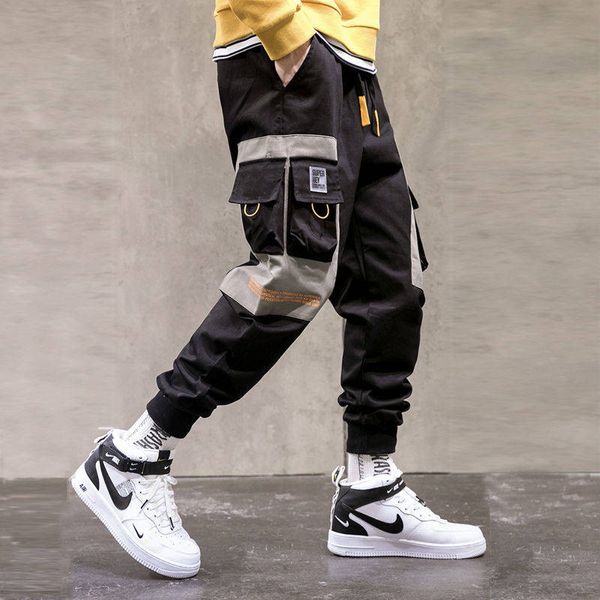 

japan cargo pants men loose hip hop streetwear joggers korean pocket patchwork harem pants ankle length trousers techwear males, Black