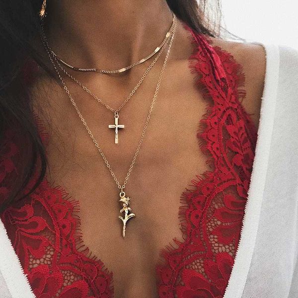 

3 pcs/ set bohemian jesus cross rose flower chain multilayer pendant long necklace female gold party necklace set combination, Silver