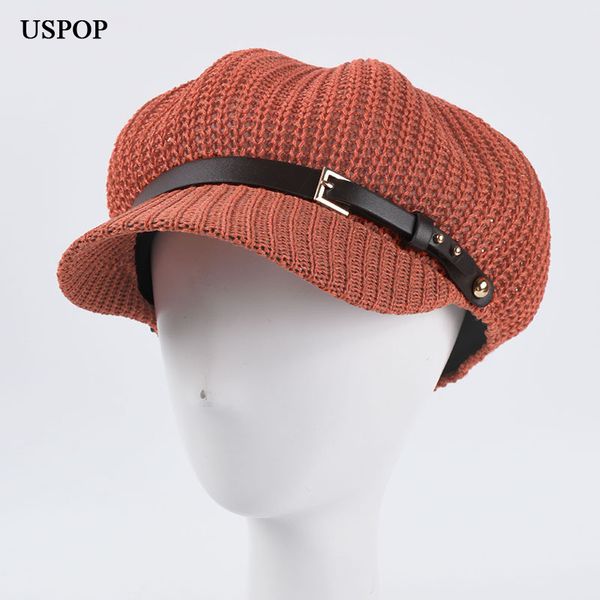 

uspop summer caps women octagonal hats breathable leather belt octagonal cap newsboy caps british vintage knitted berets, Blue;gray