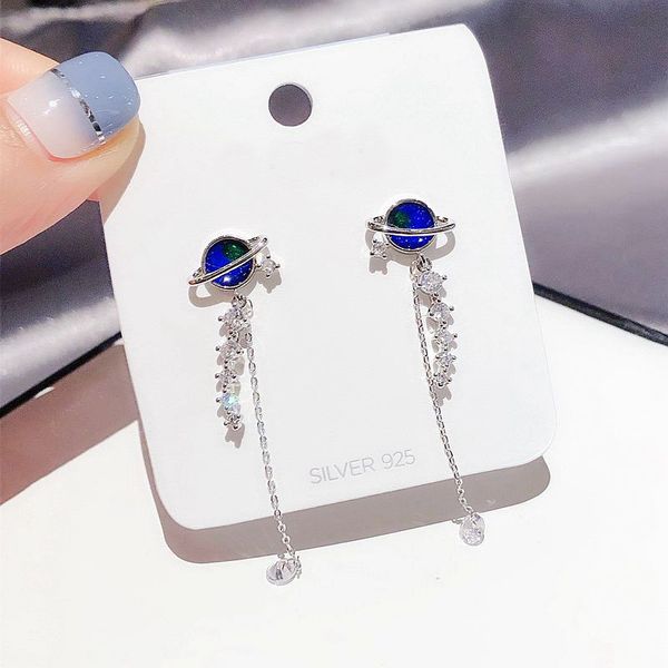 

migga shining cubic zircon pendant blue planet dangle earrings long style women party gift jewelry, Silver