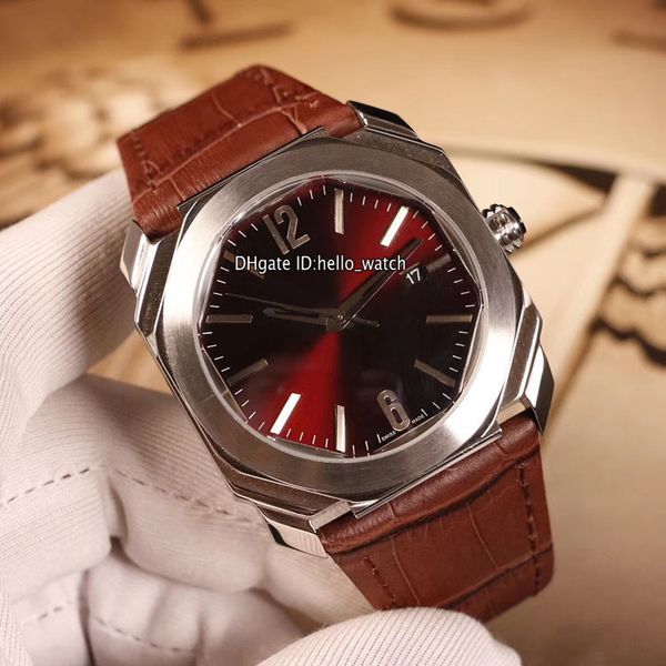 Новый Octo 41 мм Стальной корпус Date 102250 BGOP41C11GLD Wine Red Dial 2315 # Швейцарский кварцевый механизм Мужские часы Коричневые кожаные часы Hello_watch