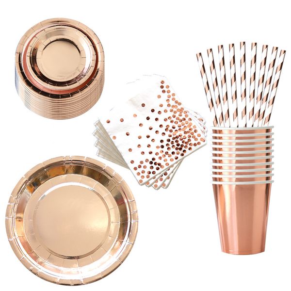 

горячее тиснение розовое золото одноразовые наборы посуды золотой бумажный стаканчик тарелка одноразовая обертка для торта принадлежности дл
