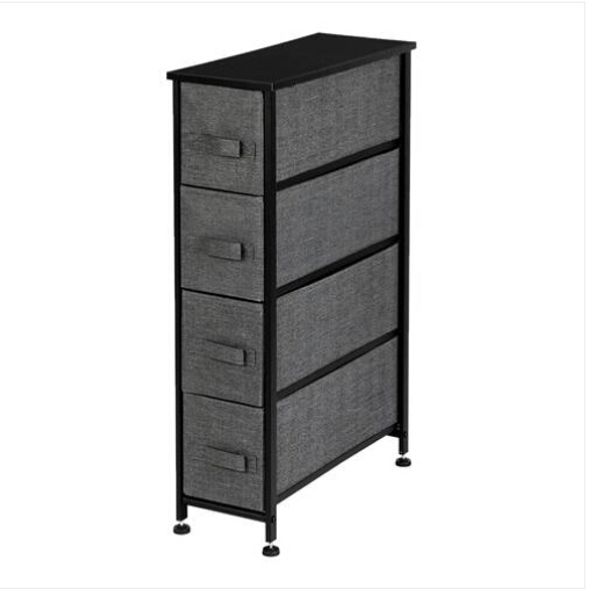 

grey narrow dresser vertical storage unit with 4 fabric drawers metal frame