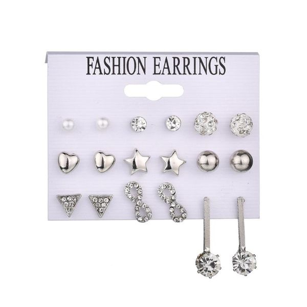 

variety rhinestone 9 pairs stud earrings set for women girls fashion statement geometric female earrings 2020 jewelry gifts, Golden;silver