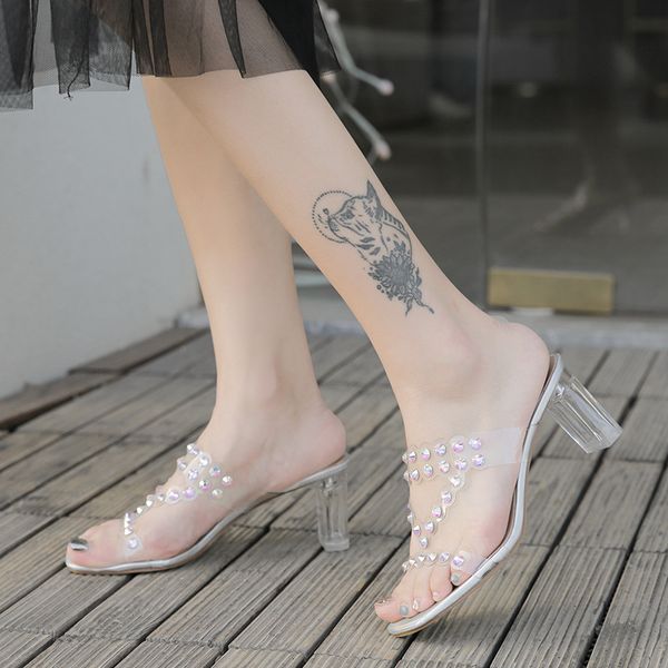 

elegant women's sandals 2020 summer crystal ladies mid heel casual slippers party wedding peep toe female sandals shoes, Black